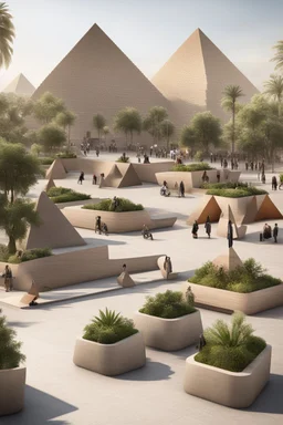 public area with the pyramids, modern street seating , planters, bazaars.