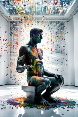 Artistic photo in the audacius style of Jill Greenberg, upclose striking image about "The Thinker statue", the statue as main focus in a white room with his body covered in movie scene shadows playing on the body about news and movie scenes. Exploding into the air are colourful matrix data and virtual numbers, on the floor are broken pieces of statue, questioning the role of deep thought in an increasingly digital and disconnected world, , extravagant, barroque escene