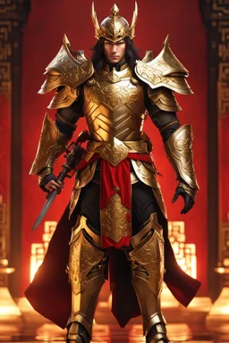 Realistic photography,front view, Handsome Warrior super model Chinese man,dressing armor warframe,long brown hair, looking at viewer,traditional dress ornaments mechanical armor china traditional, intricate armor, delicate golden shine bright, black metalic parts, detailed part, jewelry diamonds,dynamic pose,abstrac background, dynamic lighting, red hour, full body portrait