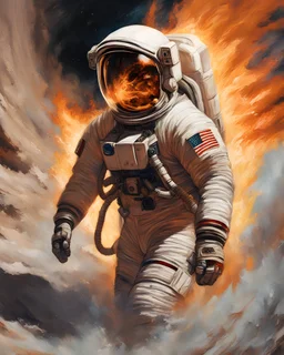an astronaut in a spacesuit on fire, in the style of detailed brushwork, traincore, realist detail, heavily textured, desertwave, comic art, realistic marine paintings