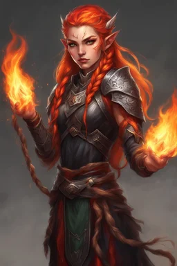 Paladin druid female with fire abilities. Makes fire with both hands.Hair is long and bright black part is braided and it is on fire. Eyes are noticeably big red color, fire reflects. Has a big scar over whole face. Skin color is dark. Has elf ears but not big