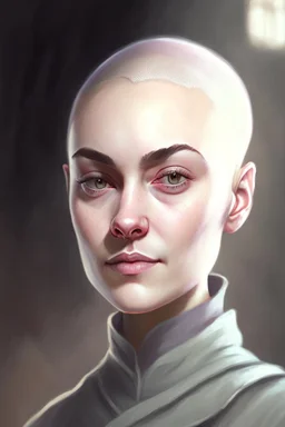 full color portrait drawing, portrait, fantasy setting, 22-year old female human cleric, shaved head, light eyebrows, grey eyes