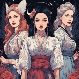 [american gods] three 3 Zorya sisters: Zorya Vechernyaya, Utrennyaya, Polunochnaya (dark magic, danger, stress), comic book style elements. The illustrations are in a square aspect ratio, with a low angle and wide-angle lens effect, blending cartoon, anime, fairy tale, and ukiyo-e styles. The images focus on line art and high contrast, digital concept art piece.