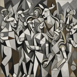 piccasso crowd people cubism with bull screaming gray