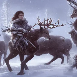 A queen warrior winter woman with winter animals, winter deers, winter bears, winter birds in the cold fantasy world , 8k resolution, ice winter fantasy concept art, by Greg Rutkowski, dynamic lighting, hyperdetailed, intricately detailed, deep, flying winter birds