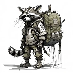 raccoon thief, backpack, hooded, post-apocalyptic, rough sketch