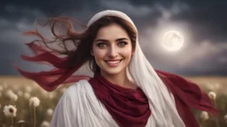 Hyper Realistic Close-up-view of a Beautiful-Young-Happy-Pashto-Woman-with-beautiful-eyes-Smiling with-white-dress-with-maroon-shawl & breeze-whirling in a cotton-field & cloudy-night-&-moonlight showing dramatic & cinematic ambiance