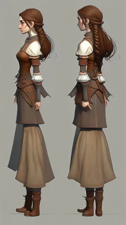 turnaround frontal view, side view and back view, character of a girl, realistic style, brown hair, she wears fantasy medieval clothes, she is slim, full body view