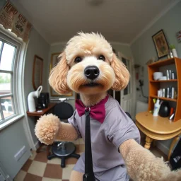 photograph by a GoPro hero 11, anthropomorphic poodle hairdresser cutting hair in a quaint small salon,