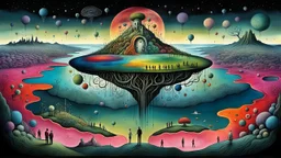 one alone human stands on fade colors floating island over normal neurotipical lifes on landscape with many little humans. this island with deep dark colors. dreamlike inner world with neurodivergens soul and mind,, Whimsical strange style of Chagall, of Quentin Blake, and Yoshitaka Amano of Anton Semenov. weird absurd beauty nightmare, in background neuronic network, Whimsical surreal vibe, cinematic