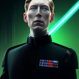 portrait, general hux, wearing a black First Order uniform, serious, imposing figure, thick eyebrows, 8k, digital art, red light coming from the left and blue light coming from the right cinematic lighting, wearing a black First Order uniform, green eyes