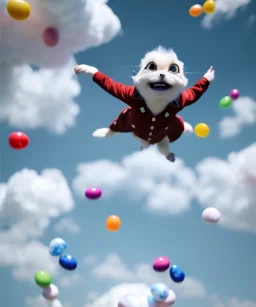 Ultra realistic speed clouds sky scene, wide angle view, child falling down with many Children background, inflatable monsters, circus dress style, feather color, free jumping flying, many trinkets, hair monster, many jelly beans, balls, color smoke, smile, happy, extreme, wind, clouds sea, 20,000 feet altitude, stratosphere, soft color, highly detailed, unreal engine 5, ray tracing, RTX, lumen lighting, ultra detail, volumetric lighting, 3d, finely drawn, high definition.