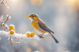 A beautiful colourful little bird catches a yellow berry with its beak while standing on a snowy branch in sunshine, ethereal, cinematic postprocessing, bokeh, dof