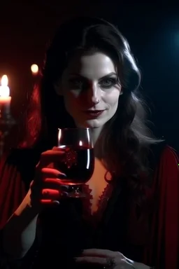 4k full details full lights femme vampire, yeux rouges, tient un verre de vin en main avec du sang