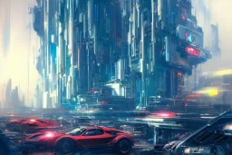 Art by John Berkey and John Harris and Craig Mullins, futuristic cyberpunk city, high rise, smooth, sharp focus, hyper detailed, digital painting, elegant, centered, detailed, neon signs, volumetric lightning, brutalist architecture, 8k, flying hover cars