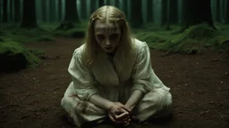 [Pan's Labyrinth (2006)] young blonde woman knelt on the cold, damp ground, her tear-streaked face a portrait of fear and despair. Bruises marred her delicate skin, evidence of the ordeal she had endured. Her hands were held behind her head in a gesture of submission, a silent plea for mercy in the presence of the towering figure before her. The horned figure loomed over her, a menacing presence cloaked in shadows and mystery. Its cranial facial structure gave it an otherworldly appearance, a be