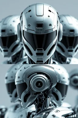 Create several images of a AI robot with advanced robotic and mechanical features. The head is entirely covered in shiny metal armor, and the face must remain in that position.