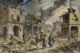 A painting of families returning to their house after a war. The houses are bombed and in ruins