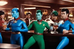 [Star Trek, drinking] a few engineers in swimwear uniforms doing iconic advertisement for Saurian Brandy, Romulan Ale, Andorian ale and Bloodwine at the bar of the starship