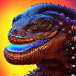 Black monitor lizard flower crown on head behind a sunset with bubbles