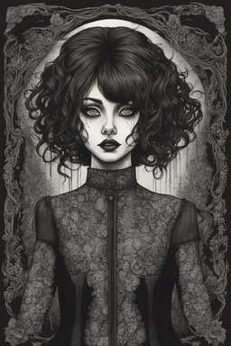 create a disturbing horror pen and ink sketch of a dark haired, savage, gothpunk vampire girl with highly detailed , sharply defined hair and facial features, in a dark, otherworldly London in the style of Junji Ito, precisely drawn, inked, with dramatic edges,