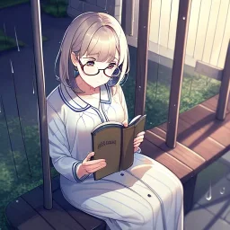 anime girl sitting on a porch swing of an old house, journaling, wearing pajamas, writing in a book, shes watching it rain, more detail on hands and her face,shes deep in her thoughts, wearing glasses, rain drops, she has a pencil in her hand and is writning in the book, she is looking down at what she is writing, lightning