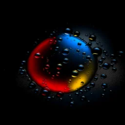 circle of waterdrops, dark romantic atmosphere with blue red and yellow