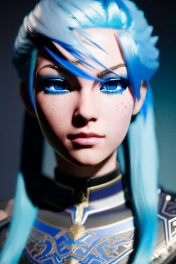 Smirking anime fighter, light blue hair, blue eyes, facepaint, up portrait, 8k resolution, intricate details, ornate details, soft lighting, vibrant colors, retroanime, masterpiece, realistic details, intricate eyeliner, dark eyeshadow, eyes, intricate tattoos, futuristic cityscape background