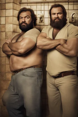 two ugly angry muscular chubby arabs 33 years old similar to bud spencer, bulging boxer, very detailed, full figure shot, very realistic photography, dim light, view from below, tiled restroom, tattoo, masculine bearded, mature barely burly bearded muscled and robust, photorealistic, strong side light