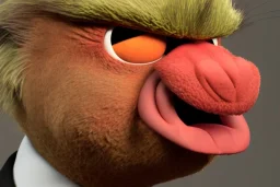 Angry muppet trump in a suit with a spray tan, no tongue, looking forward, face