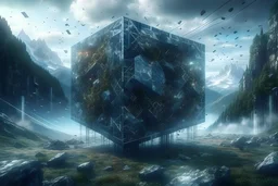epic realism 4k photograph of immovable cube mountain ecosystem physically coliding with unstoppable kenetic energy force traveling in multiverse, florecent