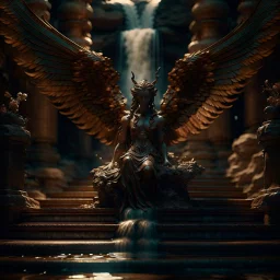 portrait of fantastic flying winged medusa in front of a staircase into a portal to the desert in the middle of a waterfall, photo-realistic, shot on Hasselblad h6d-400c, zeiss prime lens, bokeh like f/0.8, tilt-shift lens 8k, high detail, smooth render, down-light, unreal engine, downlight, prize winning