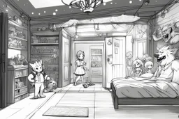 hand drawing, thick lines, la ligne claire [style of the wii No More Heroes], scribbled lines of The lights are out, the bed in the middle on the left the monsters are coming, the werewolf, the demoness, the troll, etc. on the right the appealing Nurse appears at the door, telling to stop playing with toys and go back to bed.