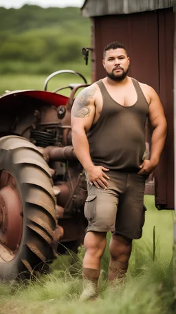 half figure photography of a burly chubby overweight muscular brazilian farmer 25 years old, sweat near a tractor, short curly hair, tattoo, big goatee, manly chest, dirty tank top and dirty boxer , hand on the fap, tank top with dirty overalls, on the door of a large barn, under the sun