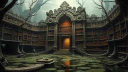 A hyperreal library emerges from the murky depths of a swamp, its walls adorned with intricate carvings and its shelves overflowing with ancient tomes.