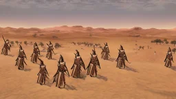 desert, highly detailed, comic style warriors from behind, in the background far away a highly detailed cdesert city