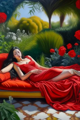 Oil painting Princess lying in the middle of a garden On a sofa and a red cover that covers her body from below only Photorealistic