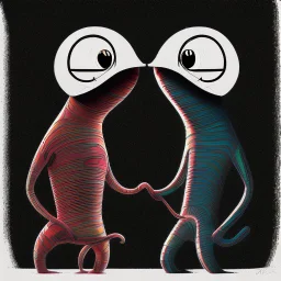 Two cartoonist drawn worms in love, staring at each other, absurdist, retrofuturism, pop art, romantic, gonzo drawing style, beszerk, strange, dune art style