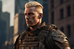 photorealistic portait of henry cavell as mercenary with blonde undercut tribal tattoos wearing modern mercenary uniform cityscape