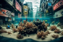 Junkpunk city underwater, street view, macro photography,