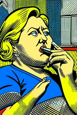 fat woman sitting on sofa listening to radio watching tv news in a room with signs of propaganda in the style of roy lichtenstein