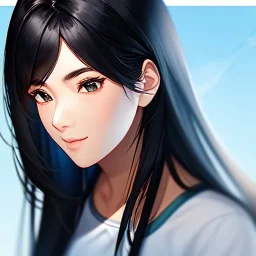 black haired woman, casual clotting, realistic, HD4k, watery cloud background, close up shot,