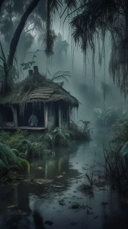 A swamp surrounded by bamboos long trees in cloudy, depressing, foggy, with a dim of light in the distance , there.is an abandoned cottage covered with leaves. A close look of strange scary creature sitting outside the cottage, a crocodile in the water