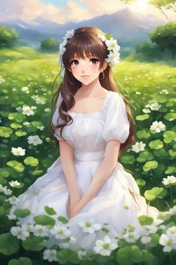 a girl in a white dress sitting in a field of clovers, cute anime girl portrait, beautiful anime portrait, realistic anime art style, realistic cute girl painting, portrait anime girl, smooth anime cg art, detailed portrait of anime girl, portrait of girl in flower field, realistic anime style at pixiv, cute anime waifu in a nice dress, realistic anime artstyle