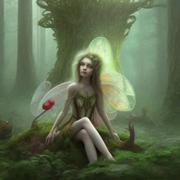 A portrait of a Little fairy woman with green skin and red long hair, sitting under the large Amanita muscaria mushroom in the magic forest, concept art, dark fantasy style, dark and spook, illustration, digital art, d&d, very cute,Masterpiece, best quality, sharp line, sharp focus, rear view : digital painting extremely detailed fantasy beautiful award winning high definition colourful very cute ,correct ai auto settings.