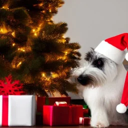 Black and white, White terrier, photorealistic, holding Christmas present in front of tree