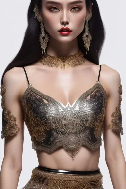 Beautiful perfect Portrait lady, bare muscular midriff chunyu full body shot, full-color long shot skin-tight ornate black filigree sheer crop top Tshirt and silver leather miniskirt positive space detailed hyperdetailed insane masterpiece picture of the day