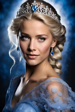 dark brown wood panel background with an overhead spotlight effect, 18-year-old Princess, Elsa Jones, Blue eyes, bleach blonde hair, braided, imbued with Freeze powers, head and shoulders portrait, smiling, wearing a blue, lacy Prom dress with a tiara, full color -- Absolute Reality v6, Absolute reality, Realism Engine XL - v1