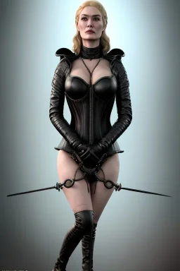 Cersei Lannister as evil mistress in black leather, dominatrix, bdsm, busty, cleavage, curvy, lena headay, angry, stern look. character design by cory loftis, fenghua zhong, ryohei hase, ismail inceoglu and ruan jia. unreal engine 5, artistic lighting, highly detailed, photorealistic, fantasy