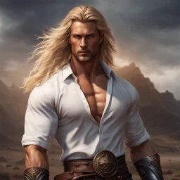 handsome warrior king, muscular, long blonde hair, male age 30, wearing jeans and a white shirt, tan skin, tattoos,photorealistic 4k dark fantasy